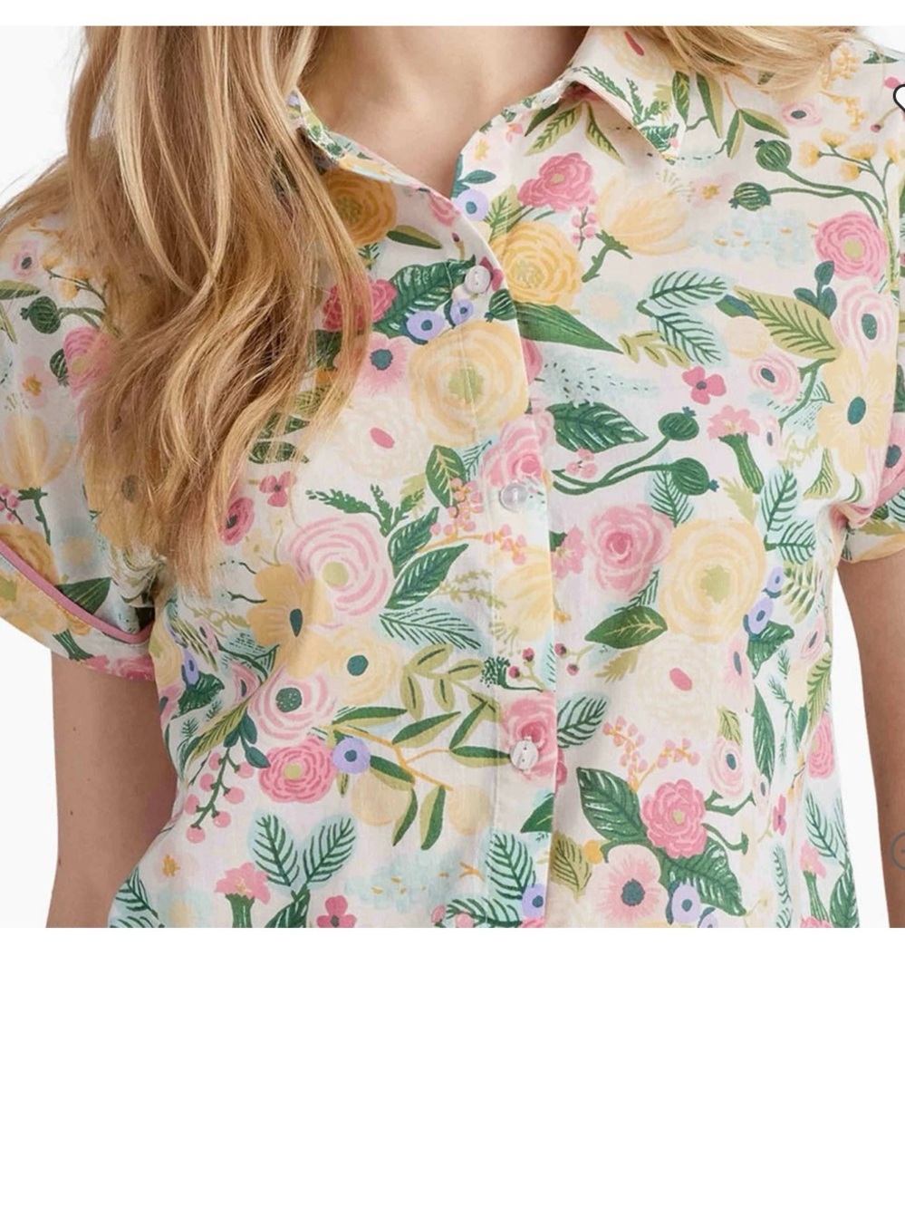 NWT Rifle Paper Co. Floral Short-Sleeve Button-Up — Pink, Yellow & Green - Picture 4 of 6